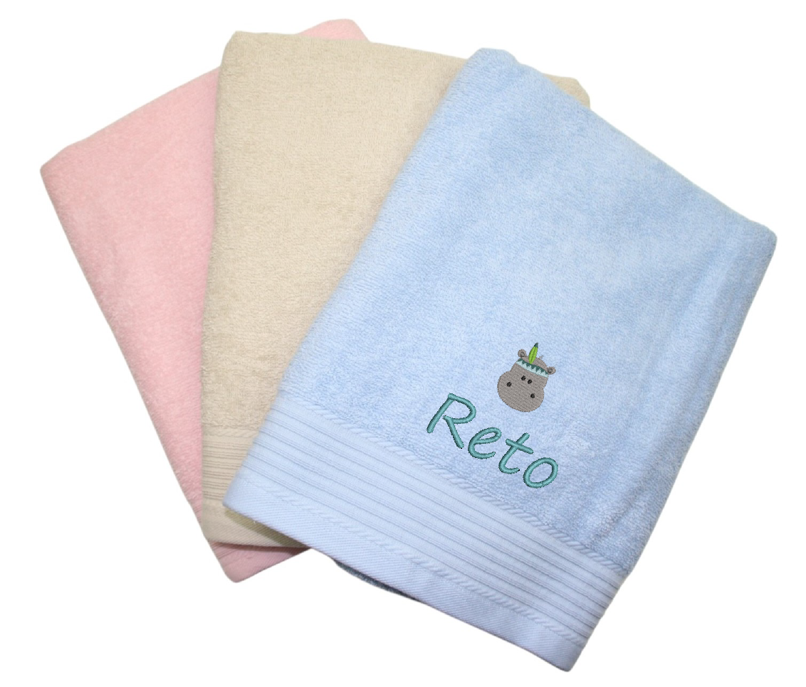 Shower towel embroidered with motif and name