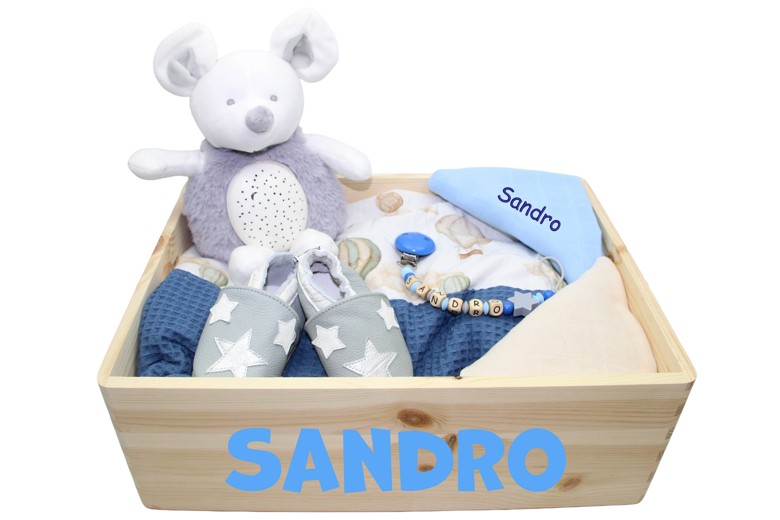 Personalisierte Geschenkkiste als Geburtsgeschenk in der Fabre blau