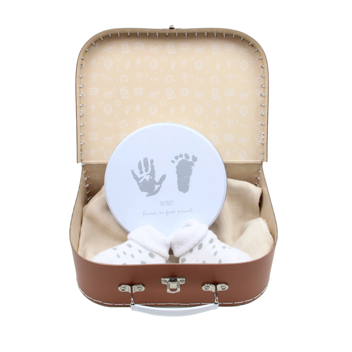 Geschenkkoffer für Babys mit einem Nuscheli und einem Abdruckset