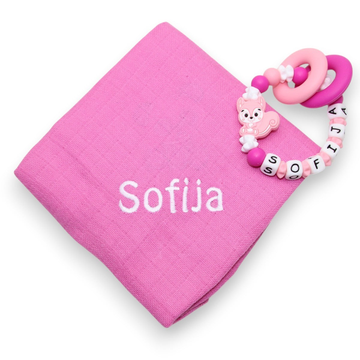 babygeschenkset mit Nuscheli und Silikon Greifling mit Eichhörnchenmotiv