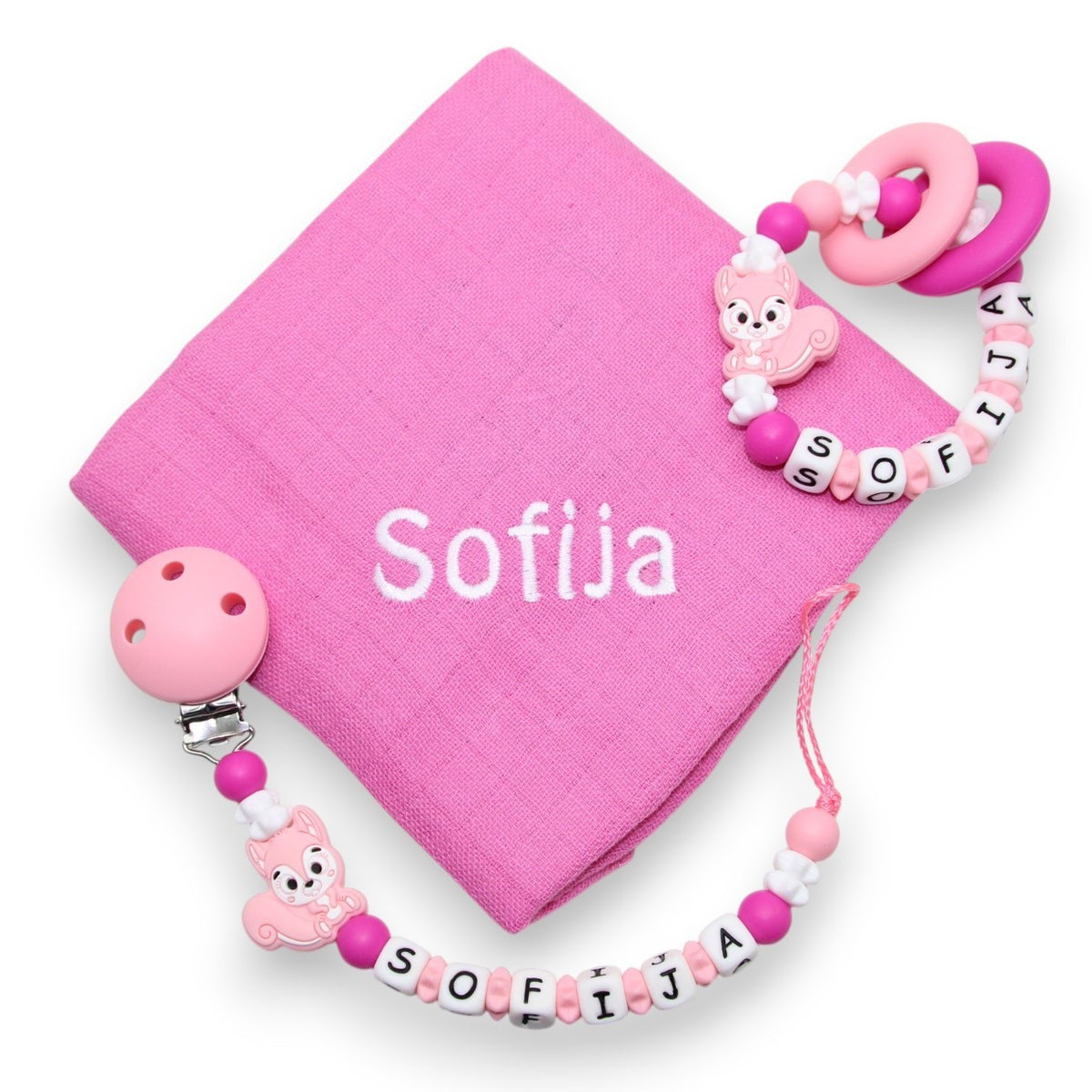 babygeschenkset mit Nuscheli und Silikon Greifling und Nuggikette mit Eichhörnchenmotiv