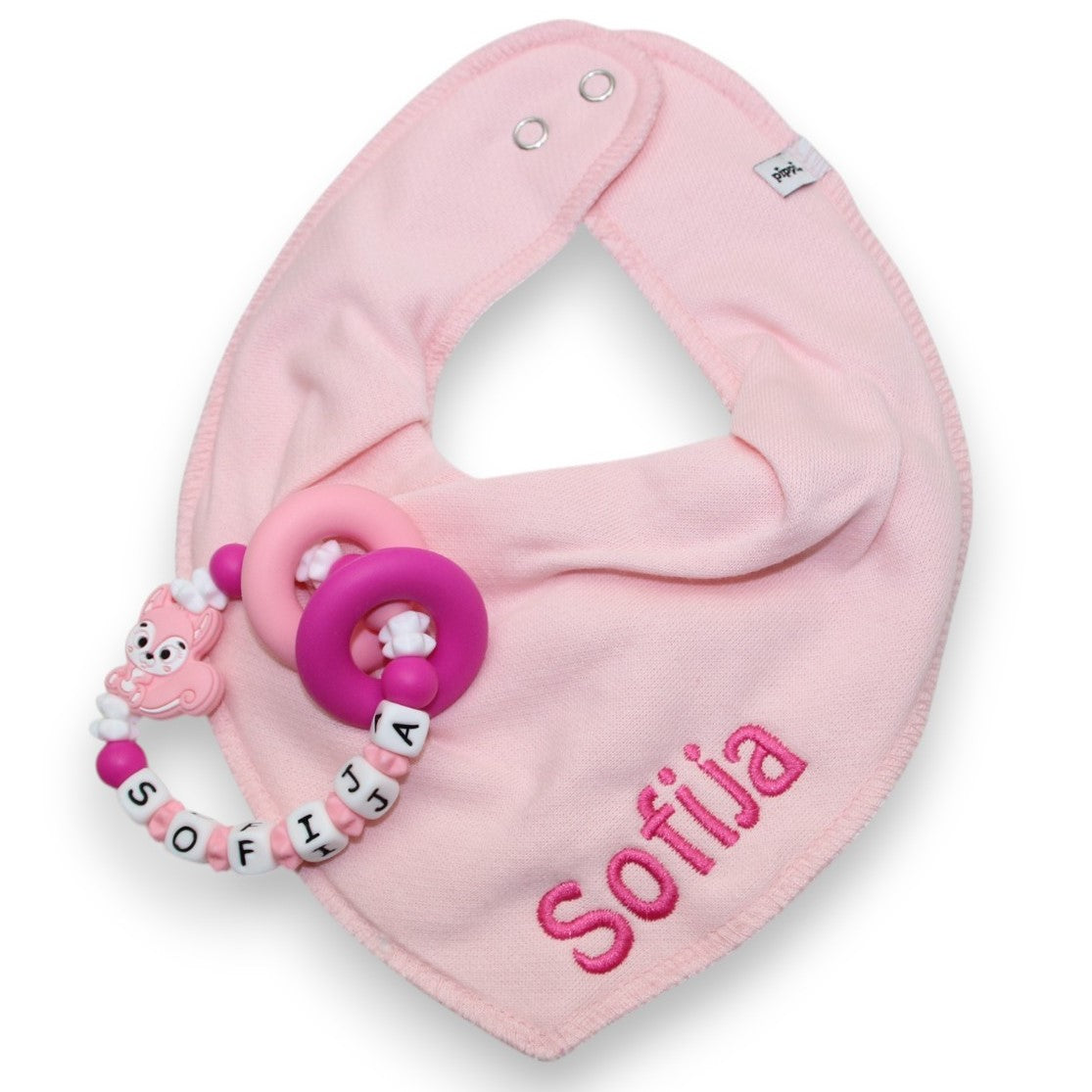 babygeschenkset mit Halstuch und Silikon Greifling mit Eichhörnchenmotiv