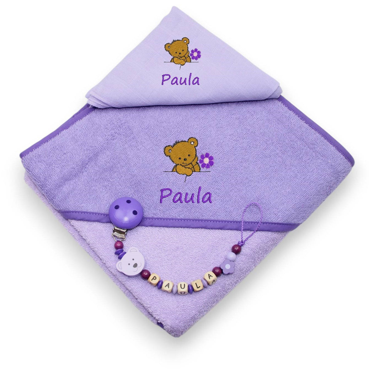 Hooded towel set WOOD bear with flower