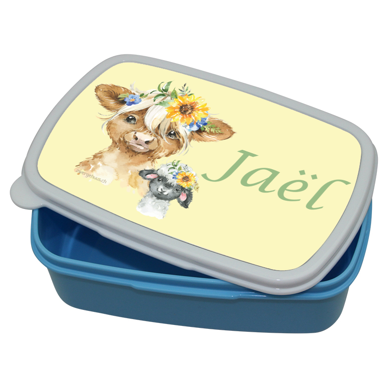 Personalisierte Lunchbox für Kinder mit Highlandtieren und Name