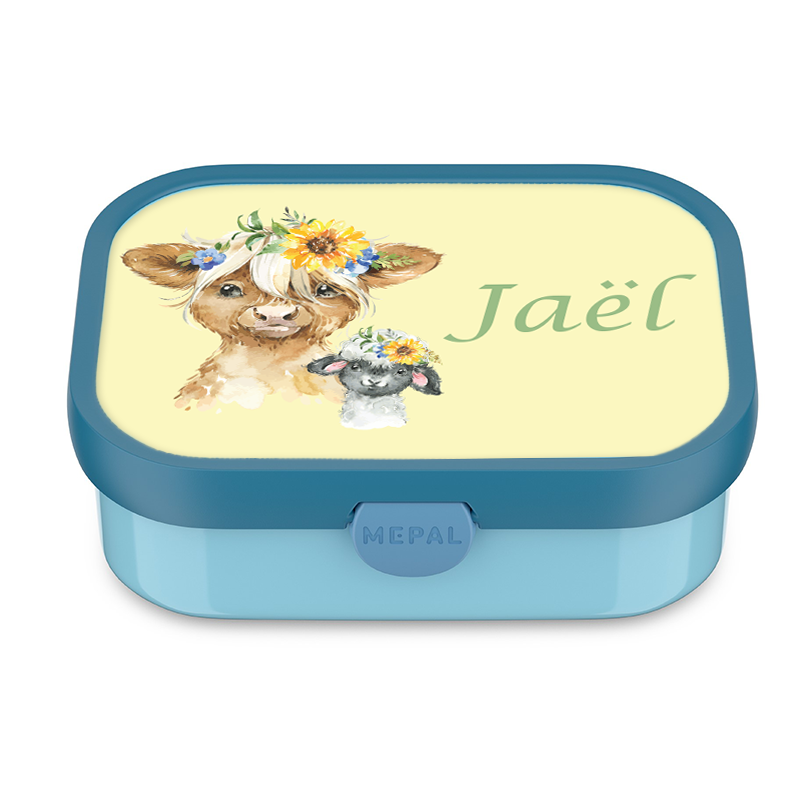 Personalisierte Znünibox für Kinder mit Highlandtieren und Name