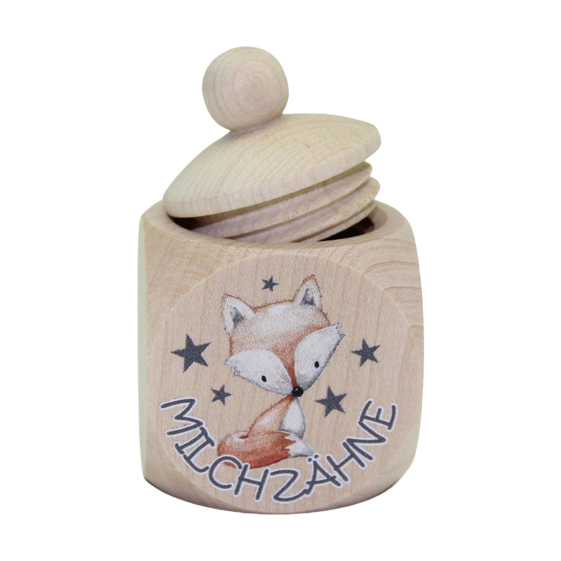 Milchzahndose aus Holz für Kinder mit Fuchsmotiv 