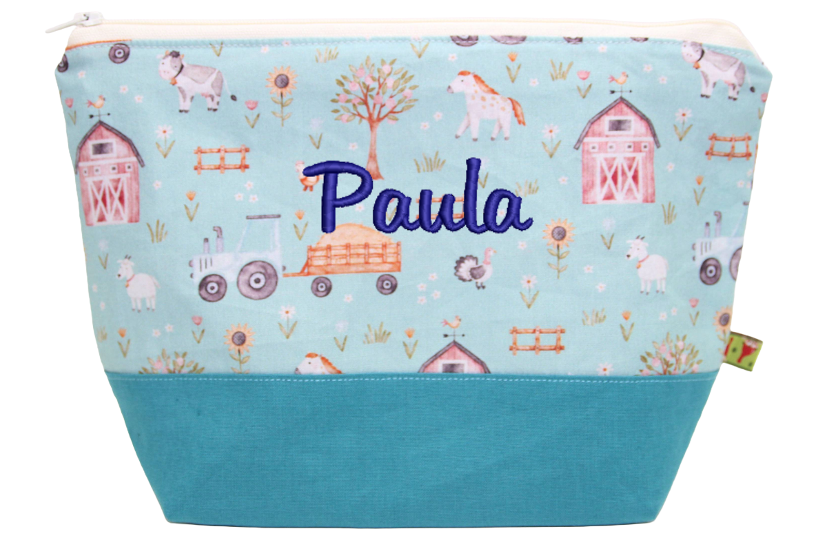 Personalisiertes Necessaire für Kinder in mint mit Bauernhoftieren und Name
