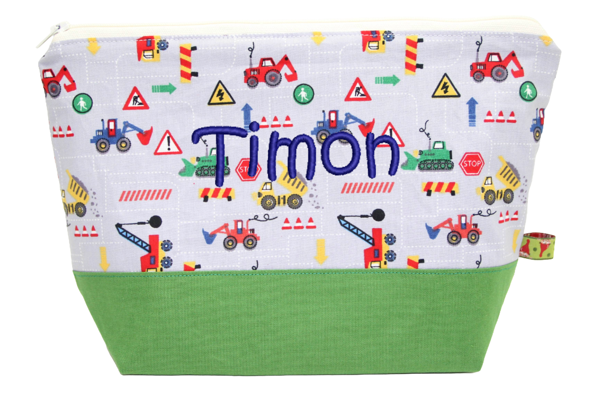 Personalisiertes Necessaire für Kinder  mit Baustellenfahrzeugen und Name