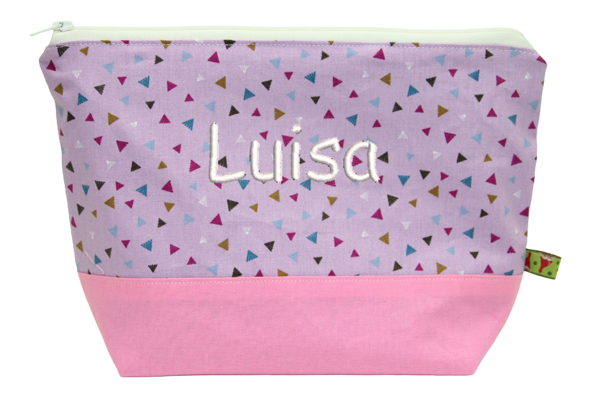 Personalisiertes Necessaire für Kinder in fliedertönen mit Dreiecken und Name