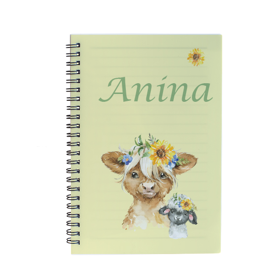 Personalisiertes Notizbuch für Kinder mit Highlandtieremotiv und Name