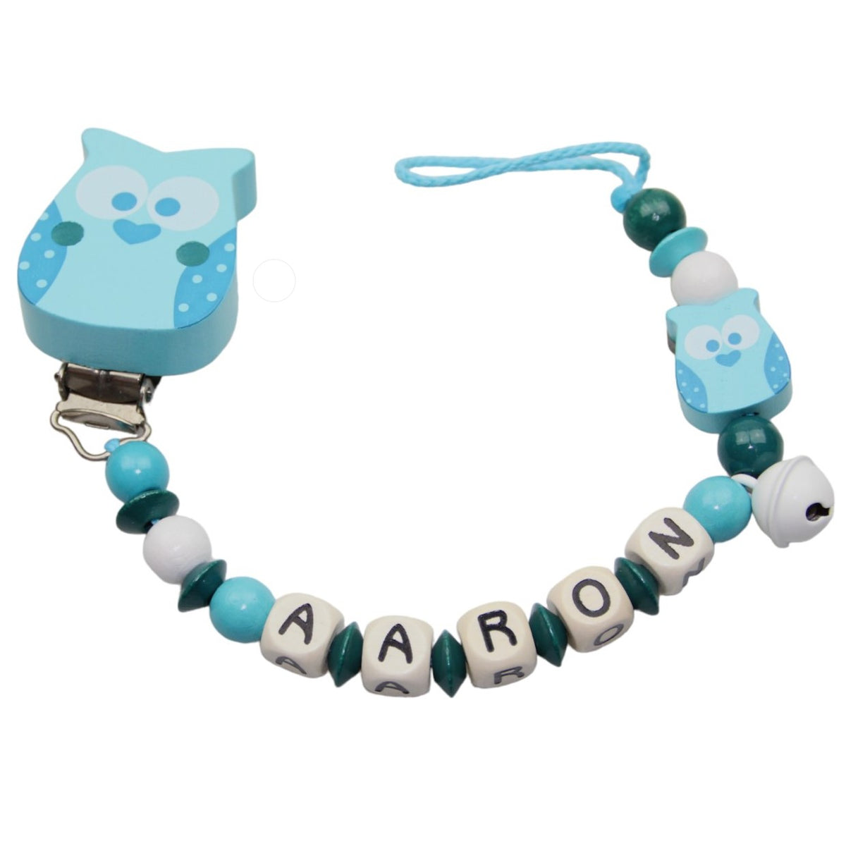 Nuggikette avec nom hibou turquoise: blanc