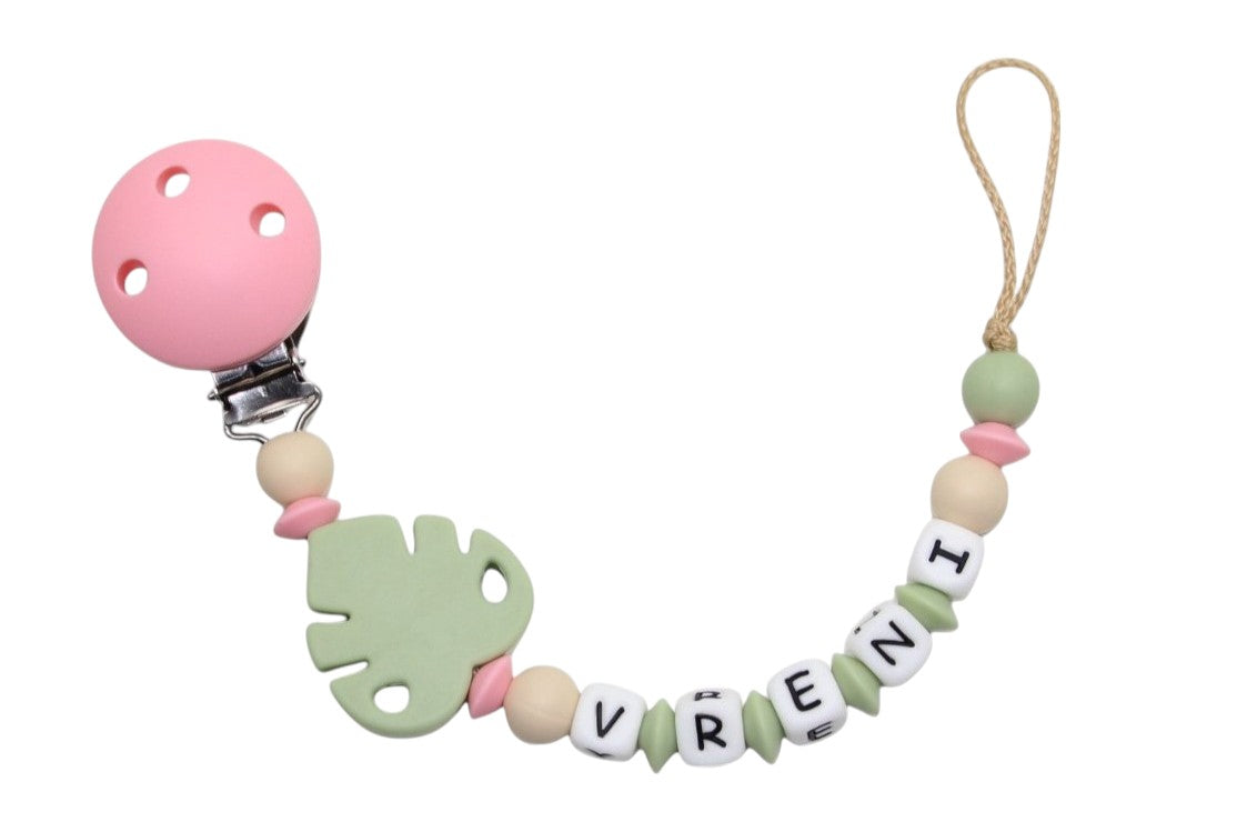 Nuggikette Silicone avec nom de feuille pastel rose: Lindgrün
