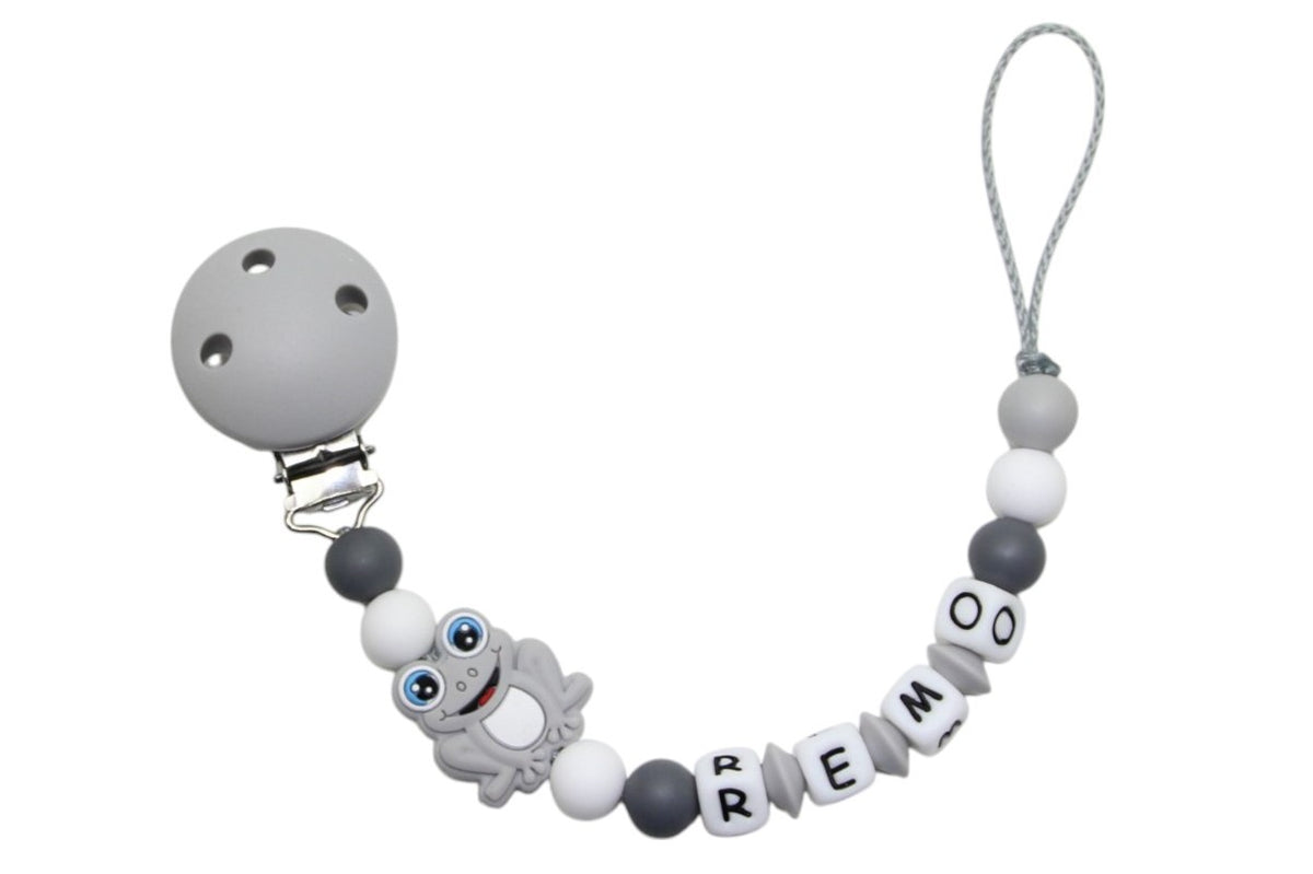Nuggikette Silicone avec nom grenouille gris clair: gris foncé