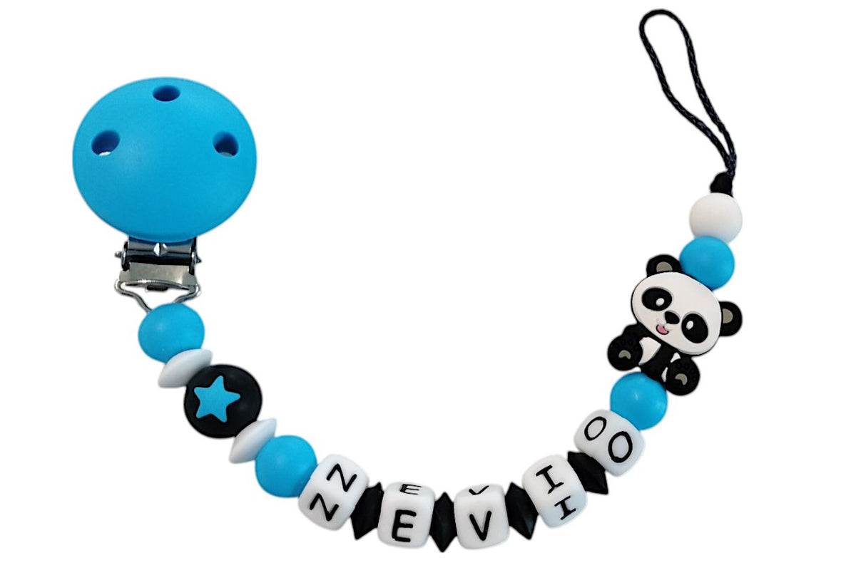 Nuggikette Silikon mit Name Panda hellblau:schwarz