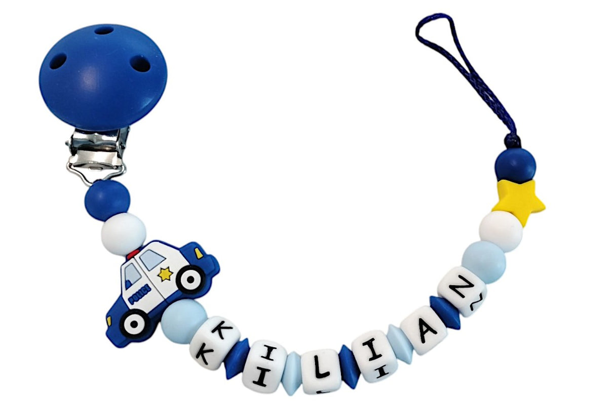 Nuggikette Silicone avec nom de police Car Royal Blue