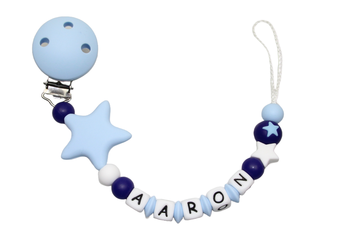 Nuggikette Silicone avec nom étoiles pastel bleu: bleu foncé