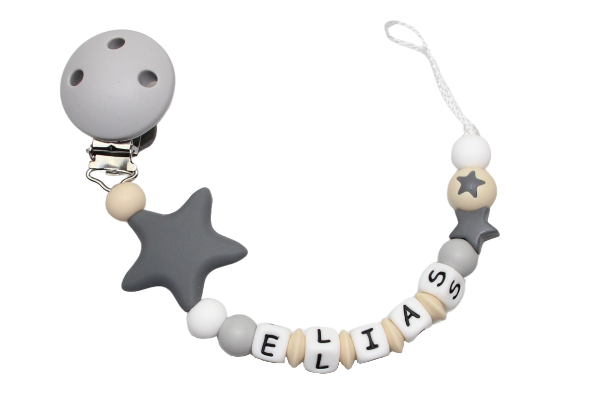 Nuggikette Silicone avec nom Stars Grey: Beige
