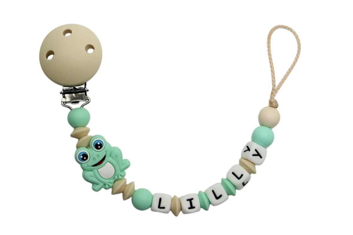 Nuggikette Silicone avec nom Frog Beige: menthe