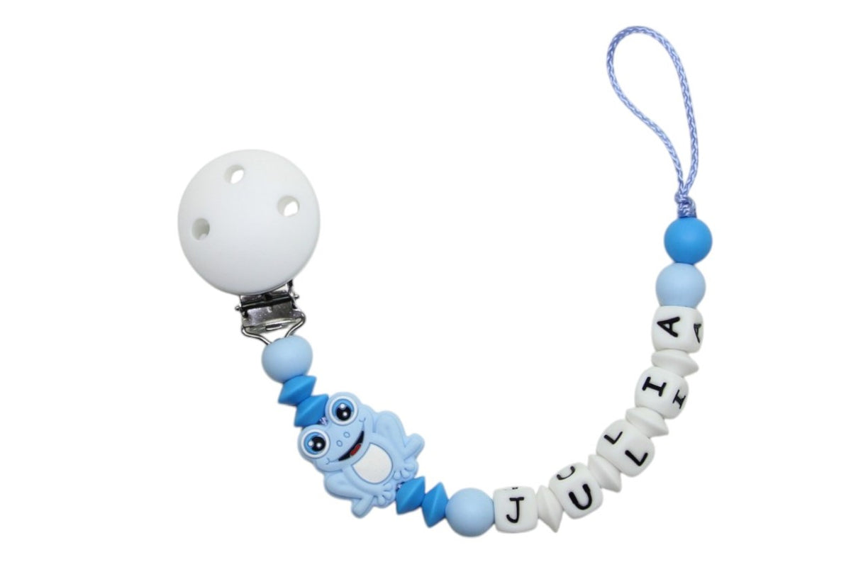 Nuggikette Silicone avec nom Frog Pastel bleu: bleu clair