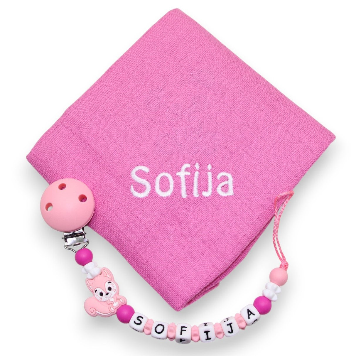 babygeschenkset mit Nuscheli und Silikon Nuggikette mit Eichhörnchenmotiv