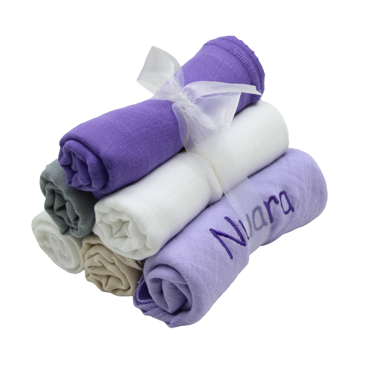 Geschenkset mit Nuscheli in lilatönen und mit den Namen 