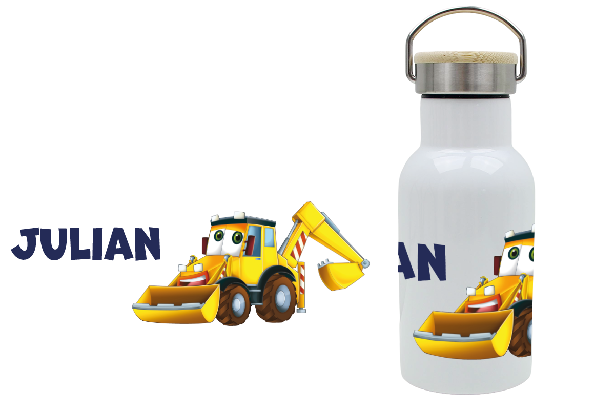 Personalisierte Thermoflasche für Kinder mit Bambusdeckel und Baggermotiv, mit Namen bedruckt