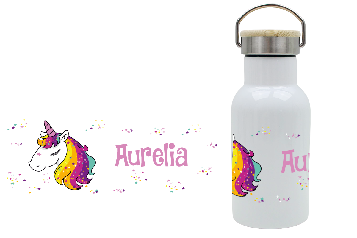 Personalisierte Thermoflasche für Kinder mit Bambusdeckel und Einhornkopfmotiv, mit Namen bedruckt