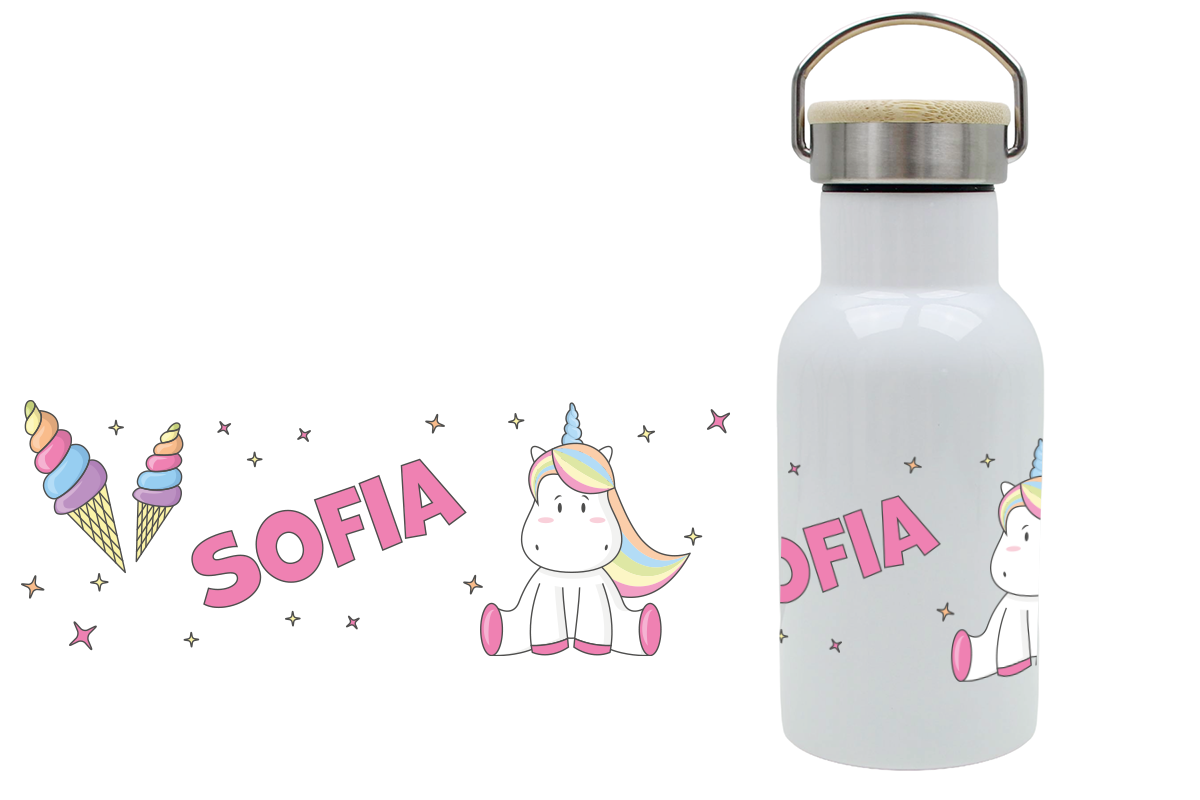 Personalisierte Thermoflasche für Kinder mit Bambusdeckel und Einhornmotiv, mit Namen bedruckt