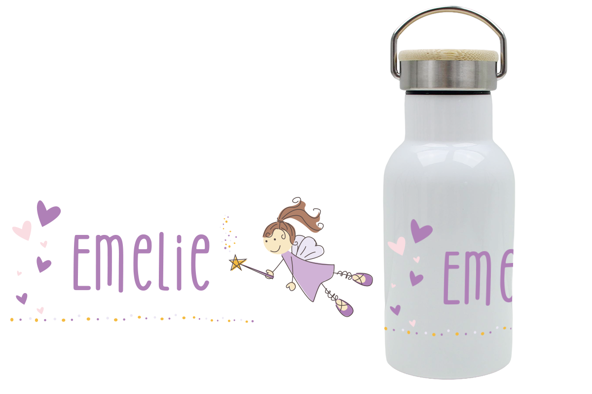 Personalisierte Thermoflasche für Kinder mit Bambusdeckel und Feemotiv, mit Namen bedruckt