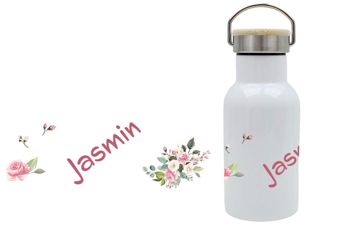 Personalisierte Thermoflasche für Kinder mit Bambusdeckel und Blumenmotiv, mit Namen bedruckt