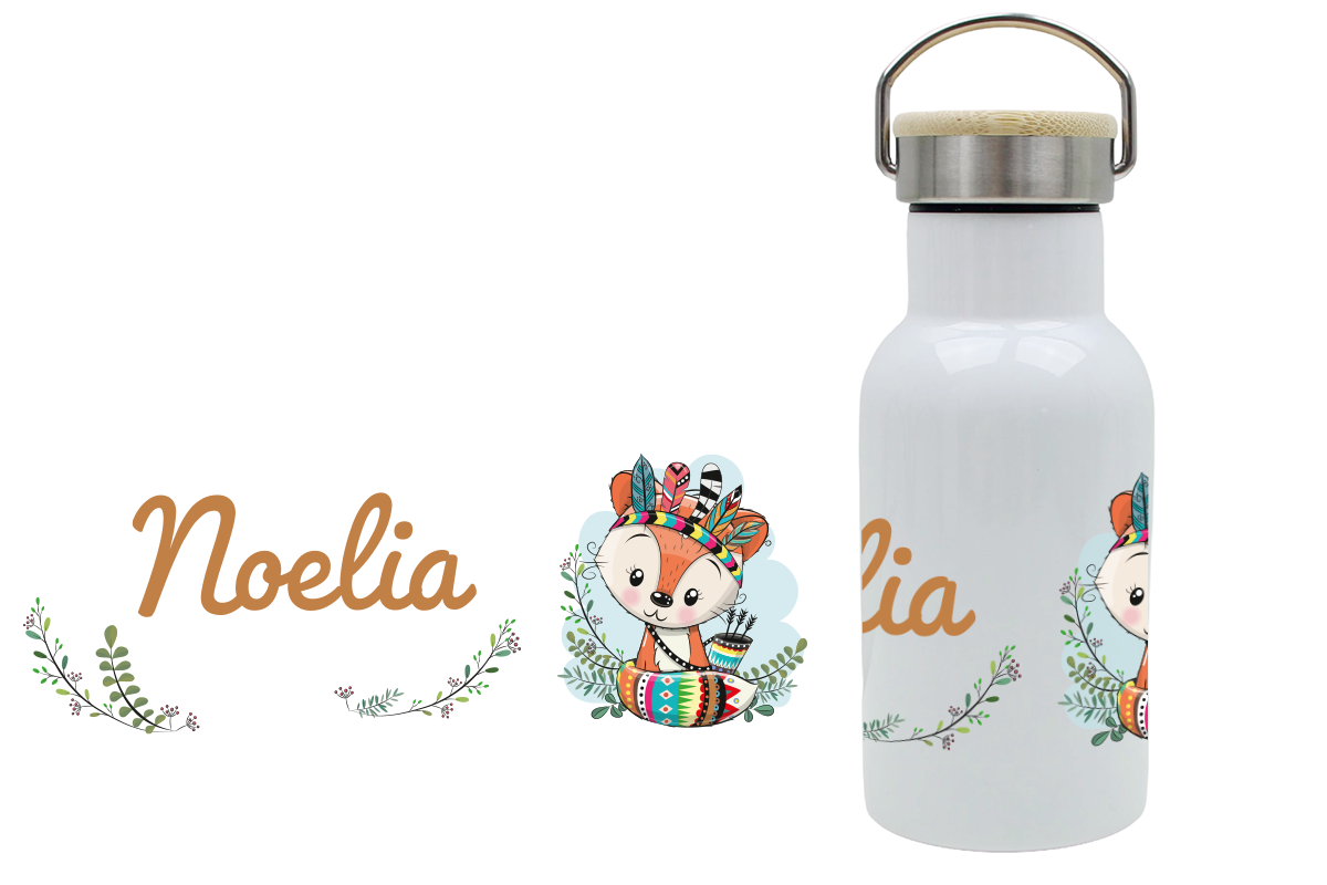 Personalisierte Thermoflasche für Kinder mit Bambusdeckel und Fuchsmotiv, mit Namen bedruckt