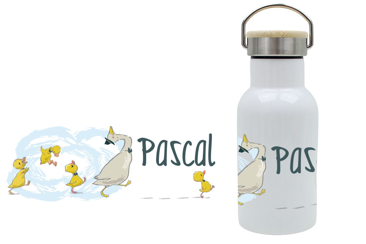 Personalisierte Thermoflasche für Kinder mit Bambusdeckel und Gänsemotiv, mit Namen bedruckt