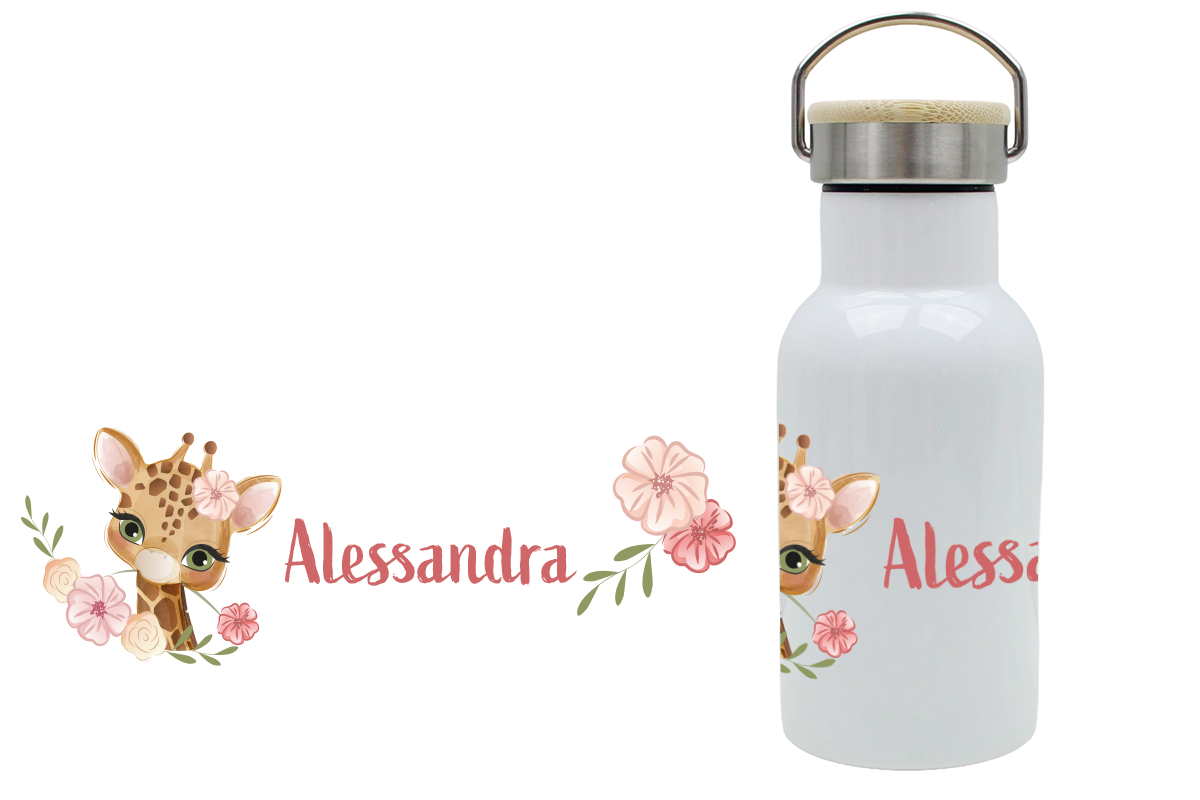 Personalisierte Thermoflasche für Kinder mit Bambusdeckel und Giraffenmotiv, mit Namen bedruckt