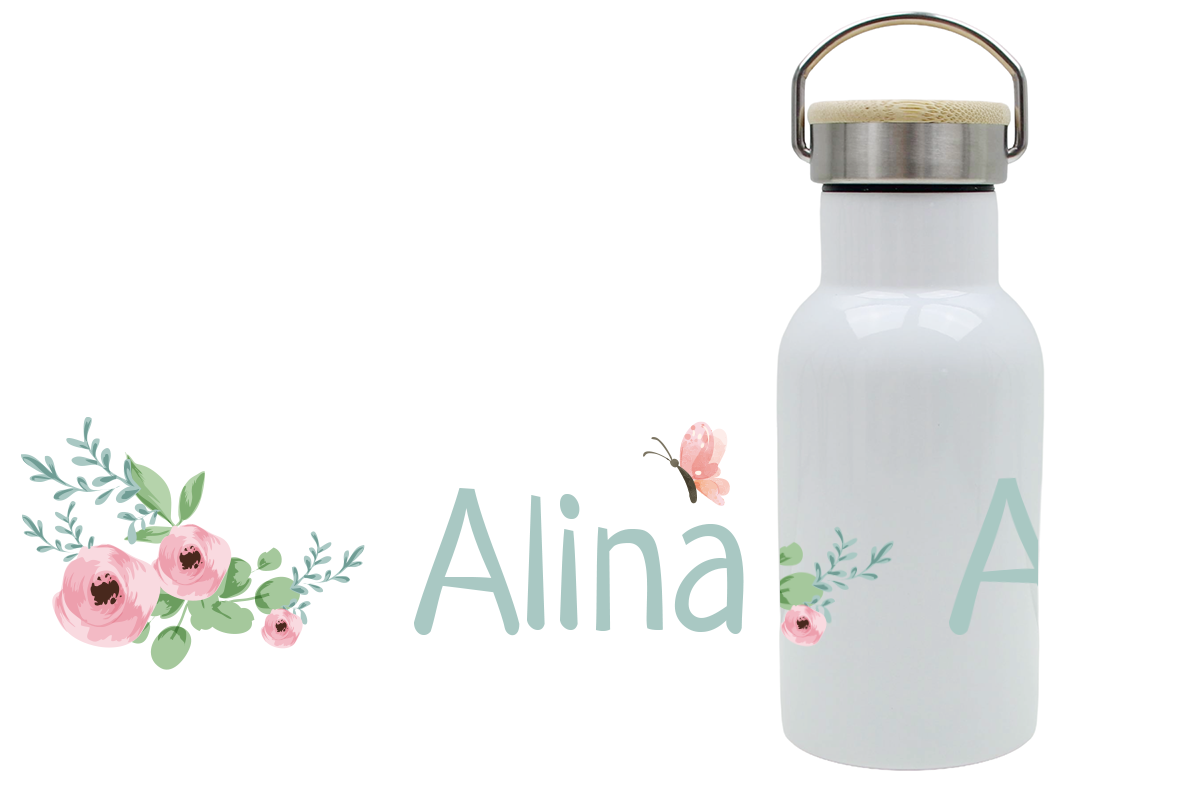 Personalisierte Thermoflasche für Kinder mit Bambusdeckel und Hasenmotiv, mit Namen bedruckt