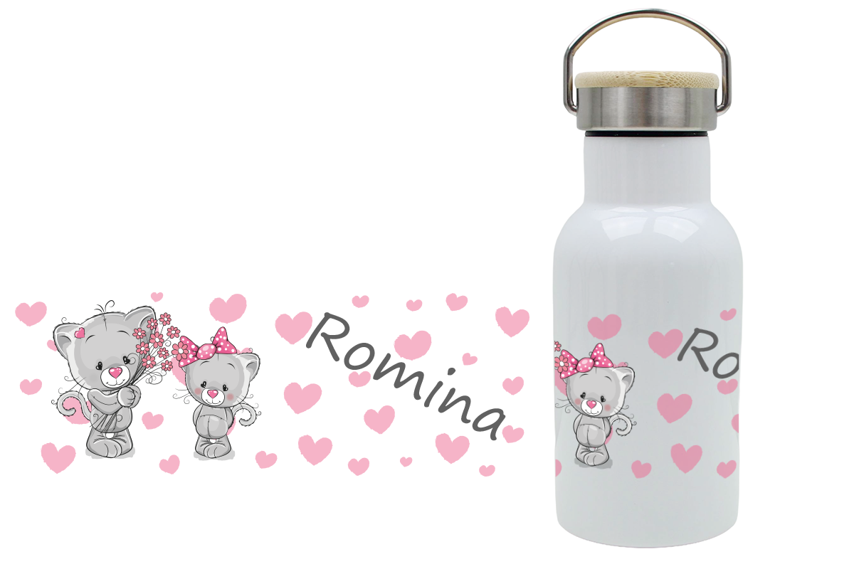 Personalisierte Thermoflasche für Kinder mit Bambusdeckel und Katzenmotiv, mit Namen bedruckt
