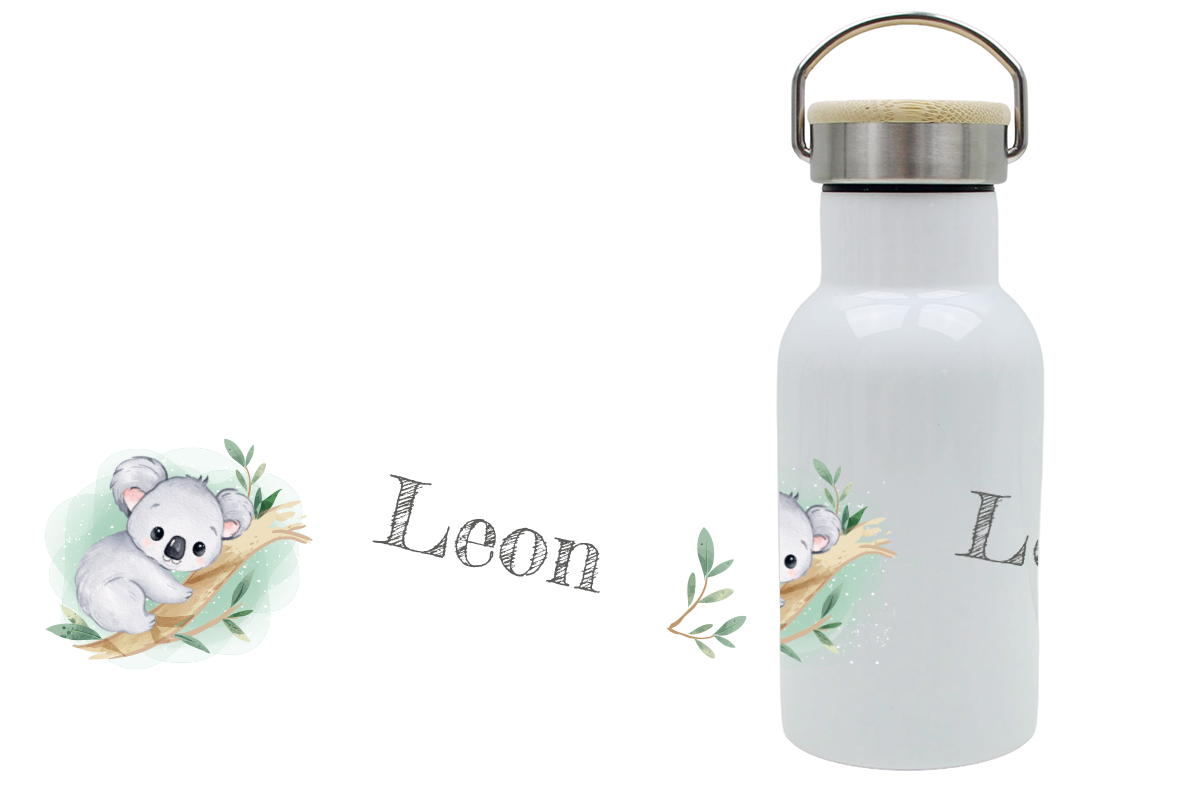 Personalisierte Thermoflasche für Kinder mit Bambusdeckel und Koalamotiv, mit Namen bedruckt