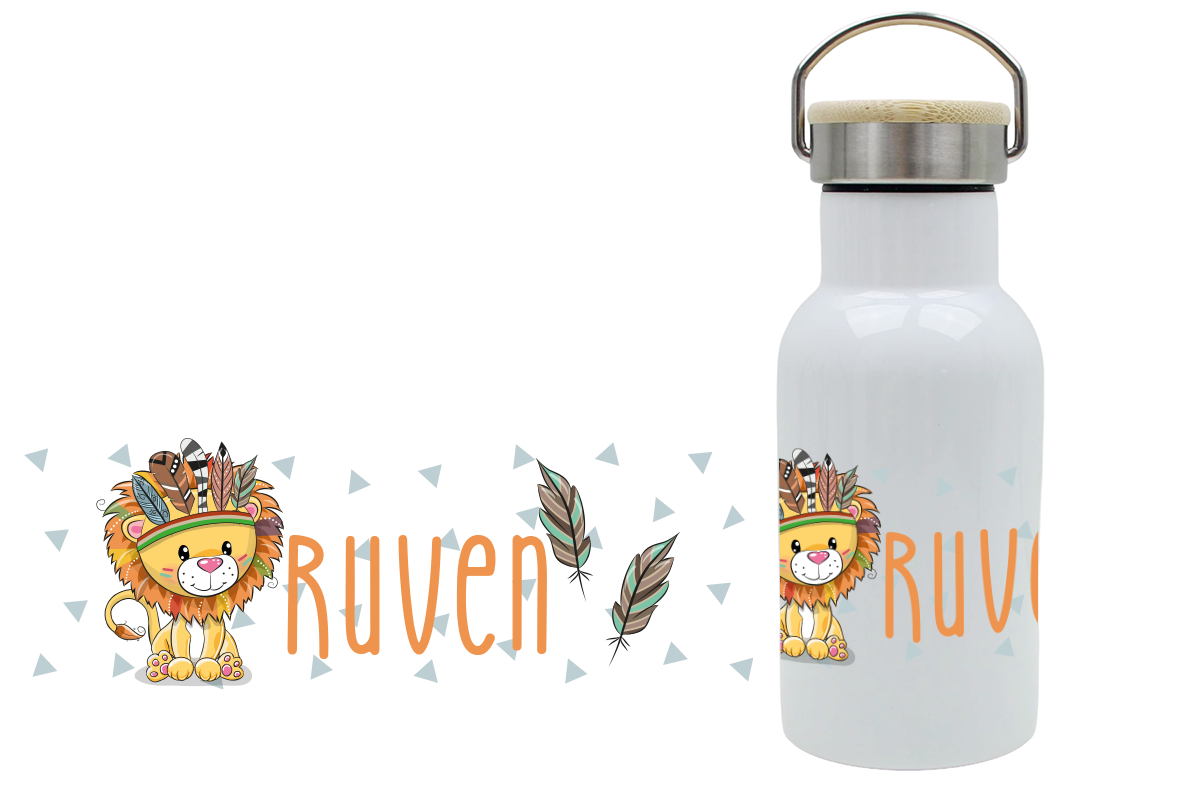 Personalisierte Thermoflasche für Kinder mit Bambusdeckel und löwenmotiv, mit Namen bedruckt