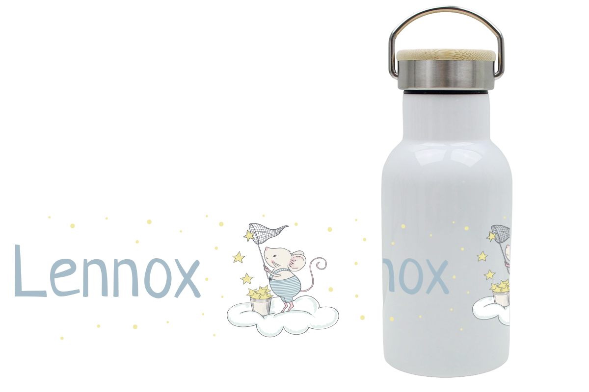 Personalisierte Thermoflasche für Kinder mit Bambusdeckel und Mausmotiv, mit Namen bedruckt