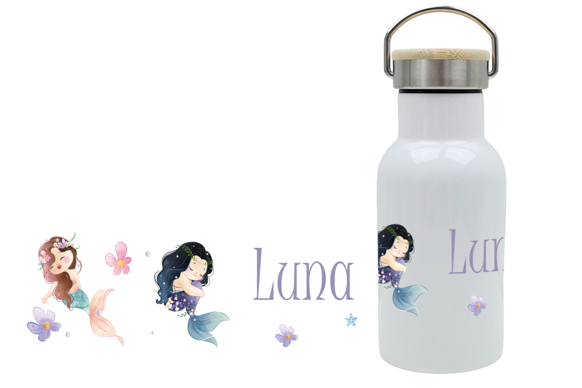 Personalisierte Thermoflasche für Kinder mit Bambusdeckel und Meerjungfrauenmotiv, mit Namen bedruckt