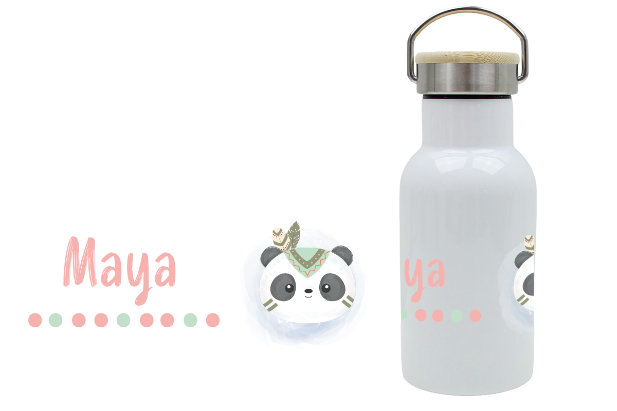 Personalisierte Thermoflasche für Kinder mit Bambusdeckel und Pandaamotiv, mit Namen bedruckt