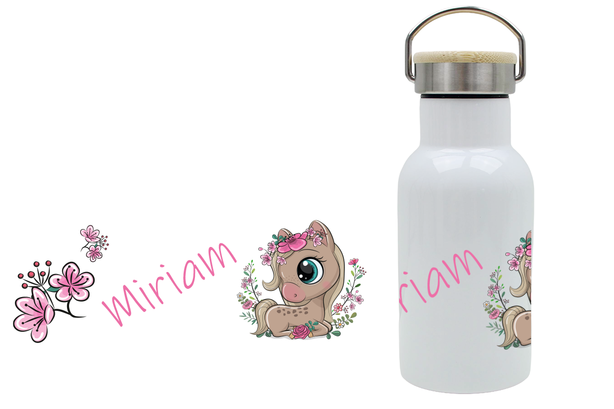 Personalisierte Thermoflasche für Kinder mit Bambusdeckel und Pferdmotiv und Blumen, mit Namen bedruckt