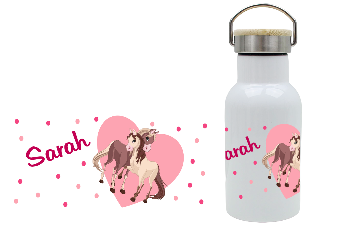 Personalisierte Thermoflasche für Kinder mit Bambusdeckel und Pferdemotiv, mit Namen bedruckt