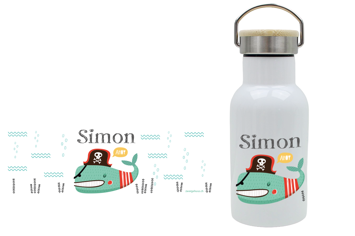 Personalisierte Thermoflasche für Kinder mit Bambusdeckel und Piratenfischmotiv, mit Namen bedruckt