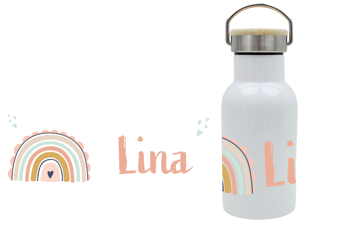 Personalisierte Thermoflasche für Kinder mit Bambusdeckel undTegenbogenmotiv, mit Namen bedruckt