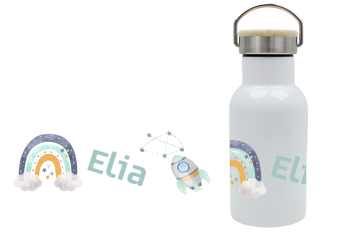 Personalisierte Thermoflasche für Kinder mit Bambusdeckel und Spacemotiv, mit Namen bedruckt