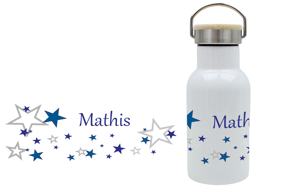Thermoflasche mit Bambusdeckel für Kinder mit Sternenmotiv in blau und Name personalisiert