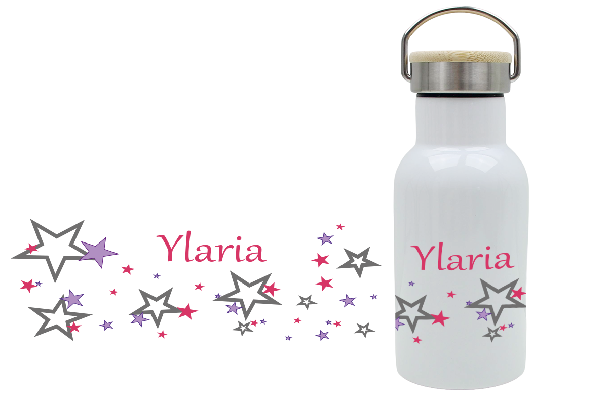 Thermoflasche mit Bambusdeckel für Kinder mit Sternenmotiv in rosa und Name personalisiert