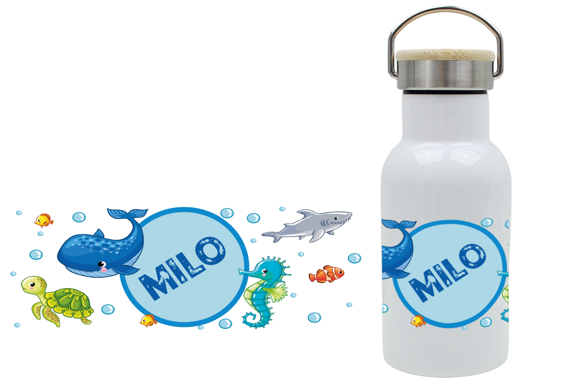 Thermoflasche mit Bambusdeckel für Kinder mit Unterwasserweltmotiv und Name personalisiert