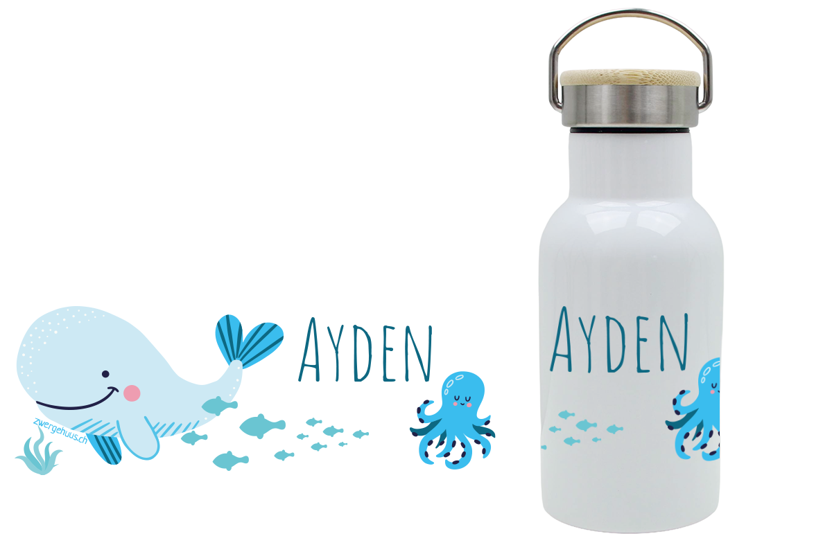 Thermoflasche mit Bambusdeckel für Kinder mit Walfischmotiv und Name personalisiert