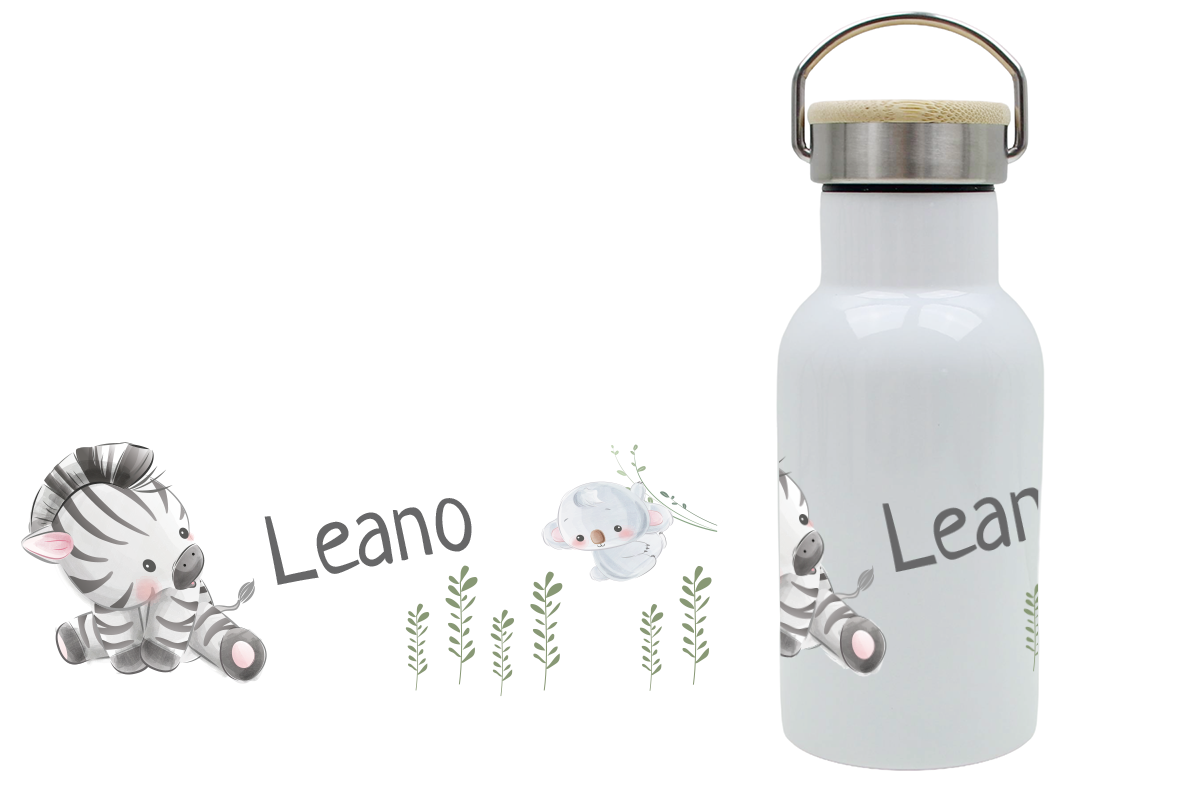 Thermoflasche mit Bambusdeckel für Kinder mit Zootieremotiv und Name personalisiert